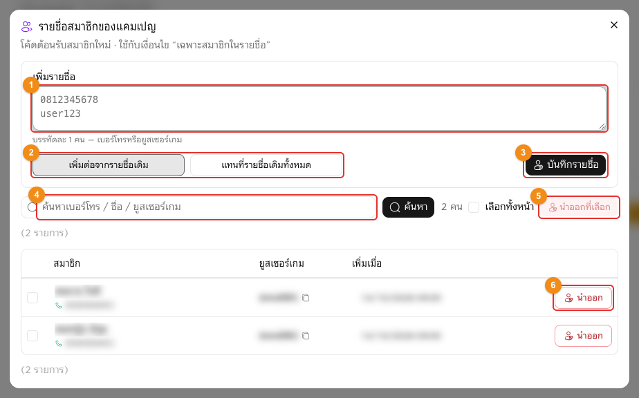 หน้าต่างรายชื่อสมาชิกของแคมเปญ